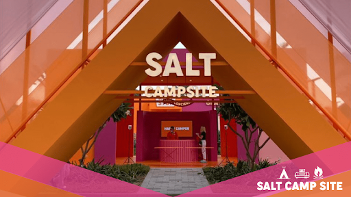 The front of SALT Campsite, orange and pink pop-up stores.